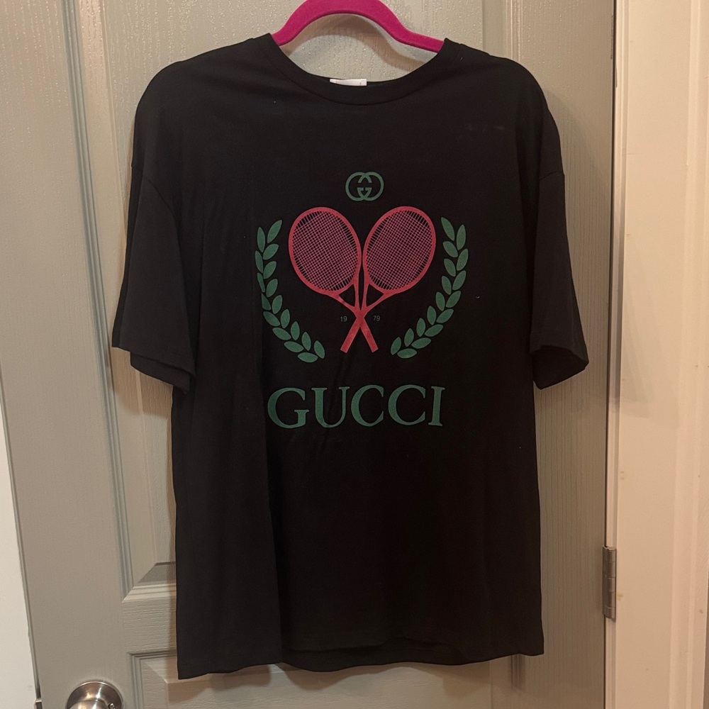 Graphic Black Tee with Pink and Green Tennis Motif